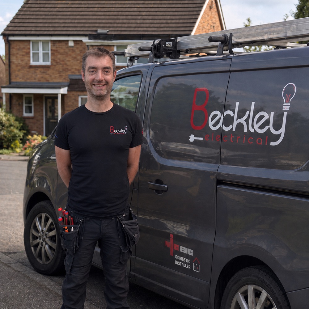 Derek Beckley, owner and lead electrician, beside the Beckley Electrical van in Reading