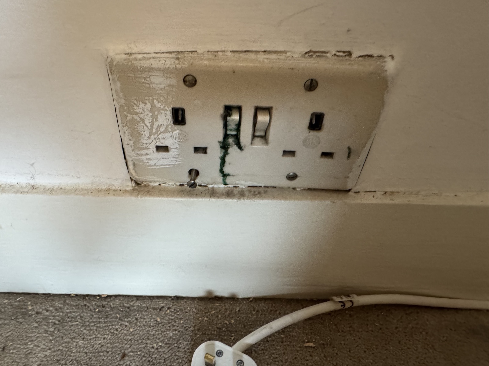 Bright green goo seeping from the edge of a socket outlet and running down the wall in a Caversham home
